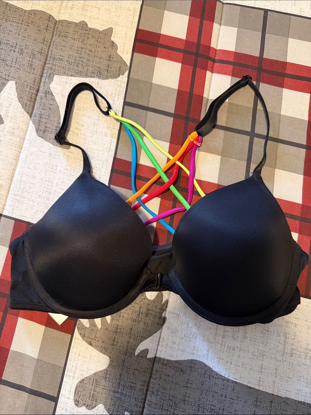 PINK Victoria's Secret Black Push-Up Bra with Rainbow Strappy Back